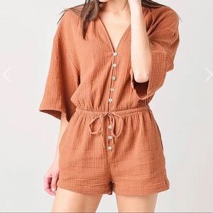 Rust Linen Romper with Button Detail